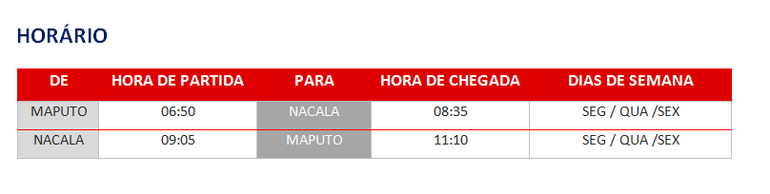 Horario de voos NACALA